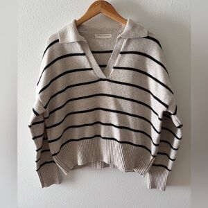 Striped V-Neck Sweater - Black and Cream